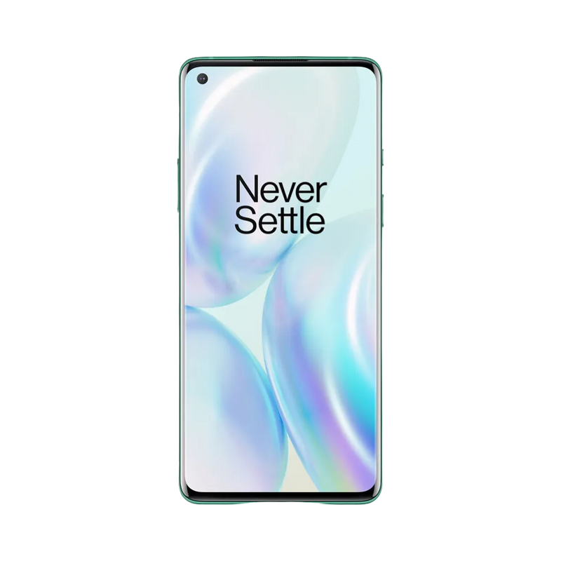 Réparation OnePlus 8 iTelier Lyon – téléphone présenté de face en position verticale, écran allumé avec fond clair marqué Never Settle, idéal pour réparation écran, diagnostic offert et changement batterie rapide.
