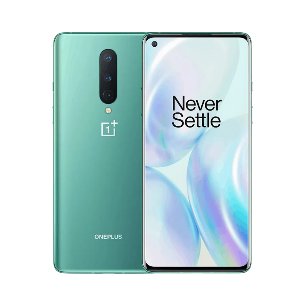 Réparation OnePlus 8 iTelier Lyon – smartphone affiché avec écran avant allumé en position verticale et dos vert clair visible à gauche avec triple capteur photo vertical, optimisé pour remplacement écran, batterie et diagnostic gratuit.

