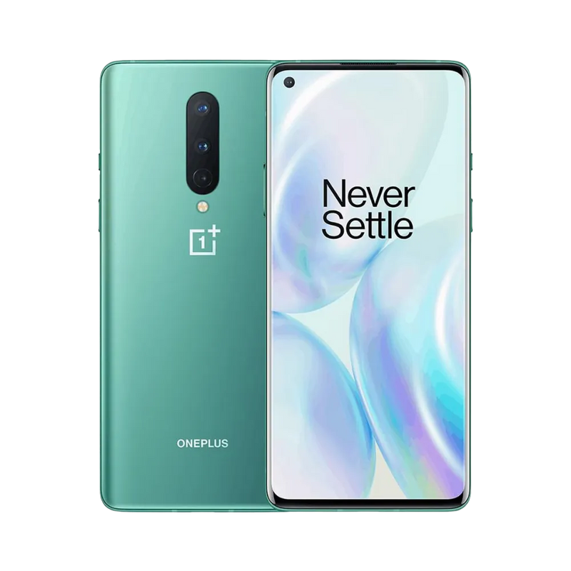Réparation OnePlus 8 iTelier Lyon – smartphone affiché avec écran avant allumé en position verticale et dos vert clair visible à gauche avec triple capteur photo vertical, optimisé pour remplacement écran, batterie et diagnostic gratuit.
