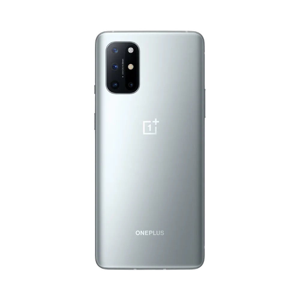 Réparation OnePlus 8T iTelier Lyon – smartphone montré de dos en position verticale, coloris gris argenté avec quadruple capteur photo rectangulaire en haut à gauche, optimisé pour réparation vitre arrière, caméra et batterie.