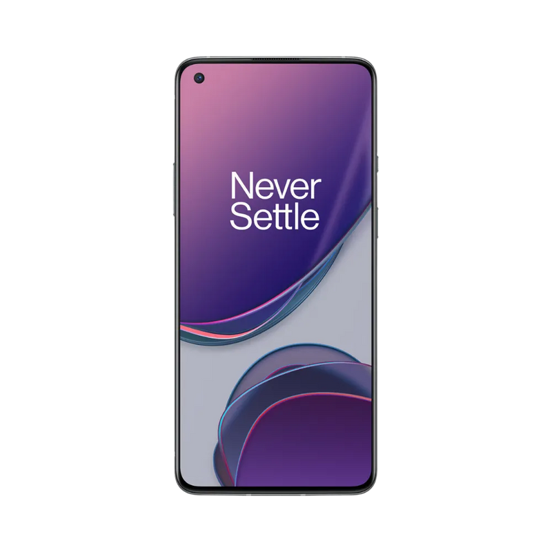 Réparation OnePlus 8T iTelier Lyon – téléphone présenté de face en position verticale, écran allumé avec fond violet marqué Never Settle, idéal pour réparation écran, diagnostic offert et changement batterie rapide.