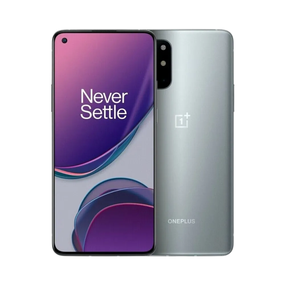 Réparation OnePlus 8T iTelier Lyon – smartphone affiché avec écran avant allumé en position verticale et dos gris argenté visible à gauche avec quadruple capteur photo rectangulaire, optimisé pour remplacement écran, batterie et diagnostic gratuit.
