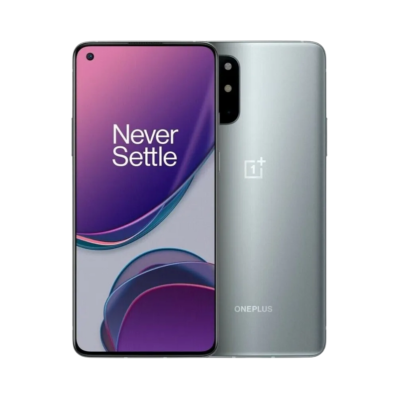 Réparation OnePlus 8T iTelier Lyon – smartphone affiché avec écran avant allumé en position verticale et dos gris argenté visible à gauche avec quadruple capteur photo rectangulaire, optimisé pour remplacement écran, batterie et diagnostic gratuit.
