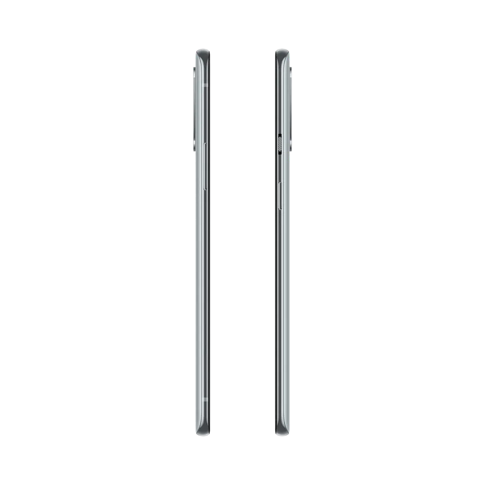 Réparation OnePlus 8T iTelier Lyon – smartphone affiché de profil gauche et droit en position verticale, finesse et boutons latéraux visibles, adapté aux réparations bouton power, volume et remplacement connecteur de charge.