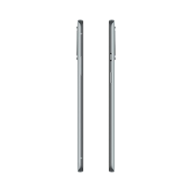 Réparation OnePlus 8T iTelier Lyon – smartphone affiché de profil gauche et droit en position verticale, finesse et boutons latéraux visibles, adapté aux réparations bouton power, volume et remplacement connecteur de charge.