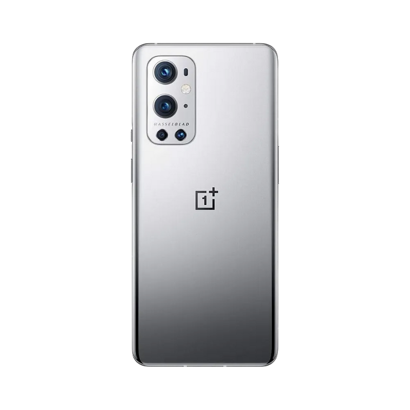 Réparation OnePlus 9 Pro iTelier Lyon – smartphone montré de dos en position verticale, coloris gris argenté avec quadruple capteur photo Hasselblad rectangulaire, optimisé pour réparation vitre arrière, caméra et batterie.
