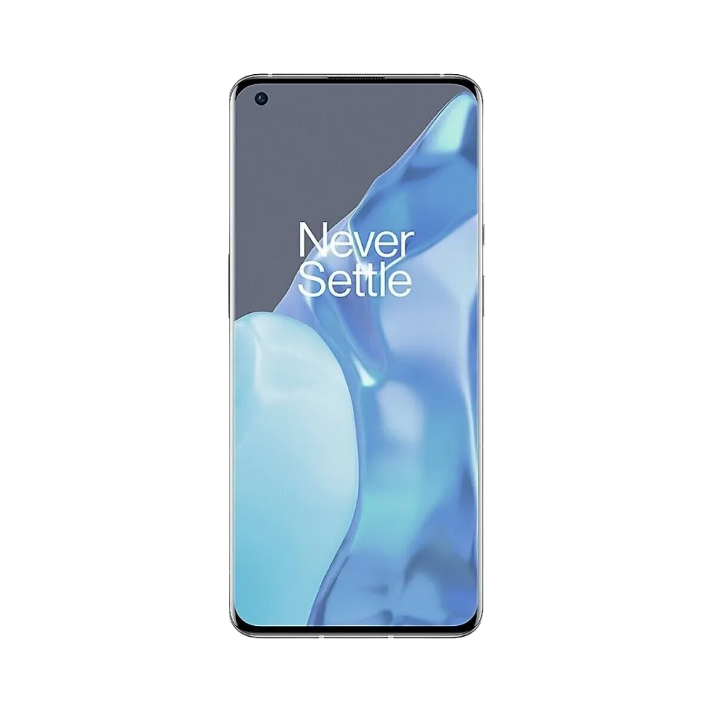 Réparation OnePlus 9 Pro iTelier Lyon – téléphone présenté de face en position verticale, écran allumé avec fond bleu clair marqué Never Settle, idéal pour réparation écran, diagnostic offert et changement batterie rapide.