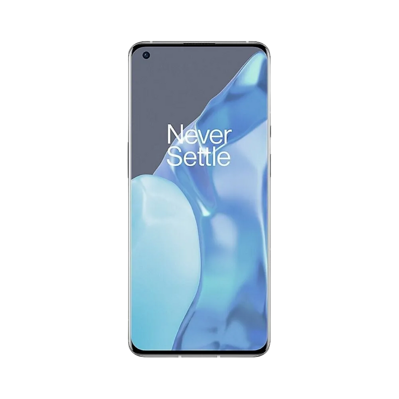 Réparation OnePlus 9 Pro iTelier Lyon – téléphone présenté de face en position verticale, écran allumé avec fond bleu clair marqué Never Settle, idéal pour réparation écran, diagnostic offert et changement batterie rapide.