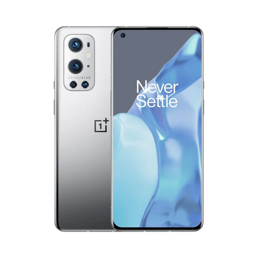 Réparation OnePlus 9 Pro iTelier Lyon – smartphone affiché avec écran avant allumé en position verticale et dos gris argenté visible à gauche avec quadruple capteur photo Hasselblad, optimisé pour remplacement écran, batterie et diagnostic gratuit.