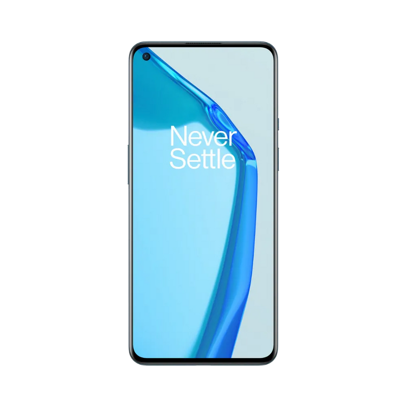 Réparation OnePlus 9 iTelier Lyon – téléphone présenté de face en position verticale, écran allumé avec fond bleu marqué Never Settle, idéal pour réparation écran, diagnostic offert et changement batterie rapide.