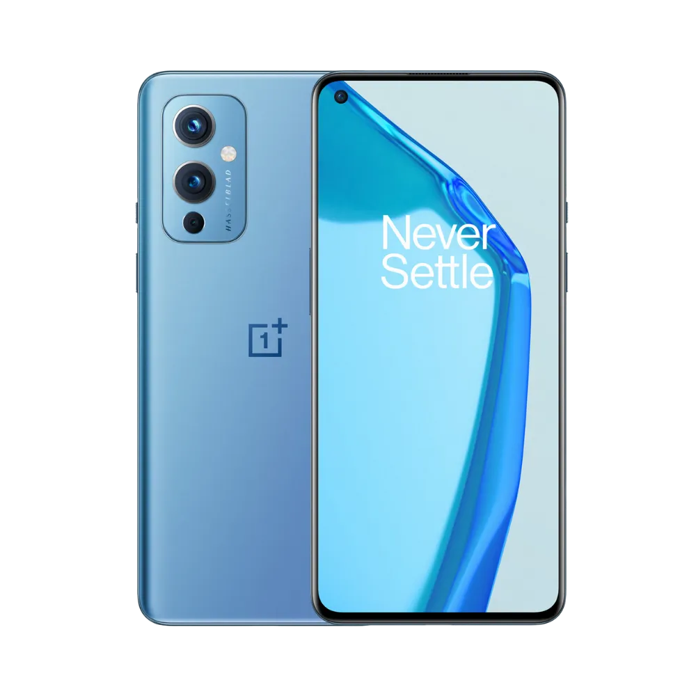 Réparation OnePlus 9 iTelier Lyon – smartphone affiché avec écran avant allumé en position verticale et dos bleu clair visible à gauche avec triple capteur photo Hasselblad, optimisé pour remplacement écran, batterie et diagnostic gratuit.