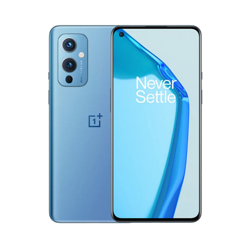 Réparation OnePlus 9 iTelier Lyon – smartphone affiché avec écran avant allumé en position verticale et dos bleu clair visible à gauche avec triple capteur photo Hasselblad, optimisé pour remplacement écran, batterie et diagnostic gratuit.