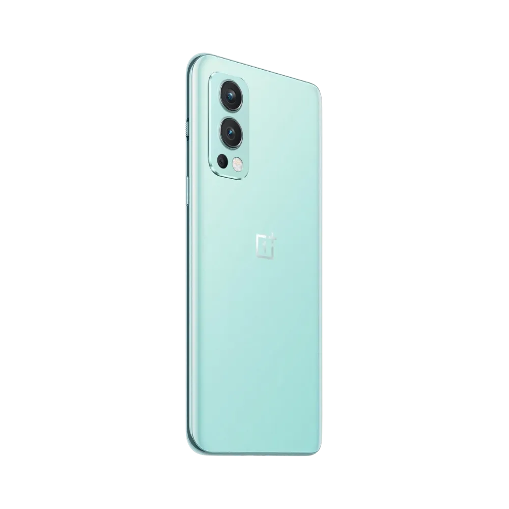 Réparation OnePlus Nord 2 iTelier Lyon – smartphone montré de dos en position verticale, coloris vert clair avec triple capteur photo vertical et flash LED, optimisé pour réparation vitre arrière, caméra et batterie.