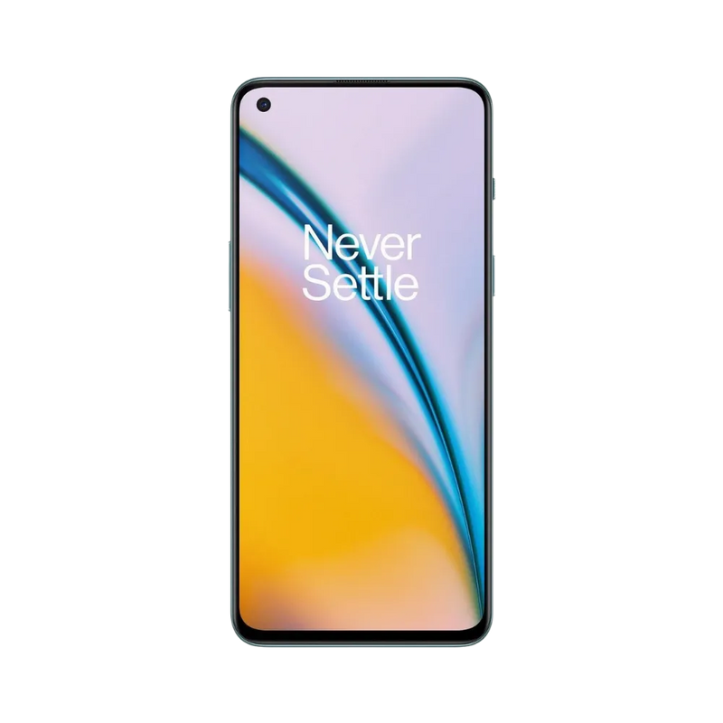 Réparation OnePlus Nord 2 iTelier Lyon – téléphone présenté de face en position verticale, écran allumé avec fond dégradé orange et violet marqué Never Settle, idéal pour réparation écran, diagnostic offert et changement batterie rapide.