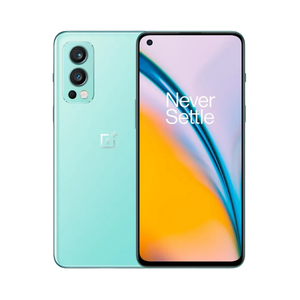 Réparation OnePlus Nord 2 iTelier Lyon – smartphone affiché avec écran avant allumé en position verticale et dos vert clair visible à gauche avec triple capteur photo vertical, optimisé pour remplacement écran, batterie et diagnostic gratuit.