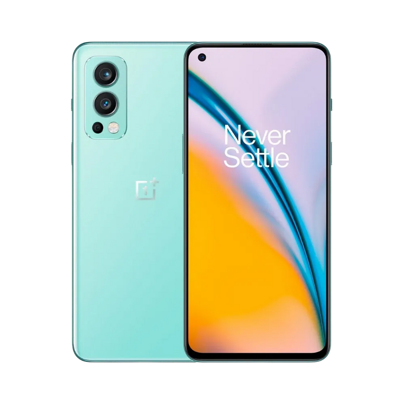 Réparation OnePlus Nord 2 iTelier Lyon – smartphone affiché avec écran avant allumé en position verticale et dos vert clair visible à gauche avec triple capteur photo vertical, optimisé pour remplacement écran, batterie et diagnostic gratuit.