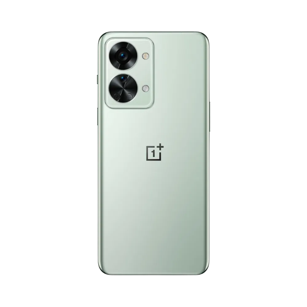 Réparation OnePlus Nord 2T iTelier Lyon – smartphone montré de dos en position verticale, coloris vert clair avec double capteur photo circulaire et flash LED, optimisé pour réparation vitre arrière, caméra et batterie.