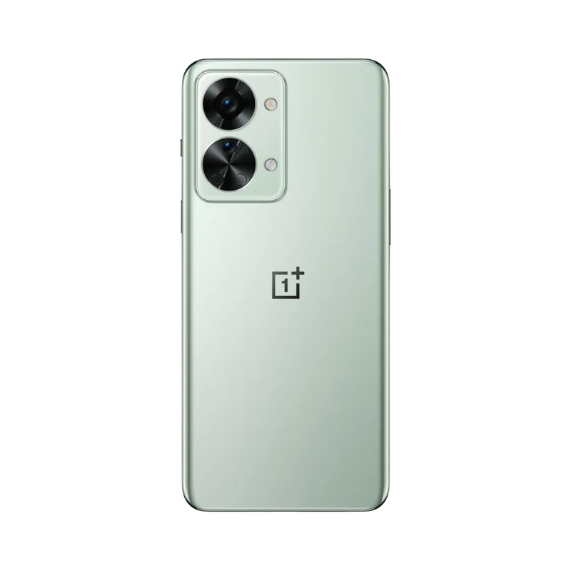 Réparation OnePlus Nord 2T iTelier Lyon – smartphone montré de dos en position verticale, coloris vert clair avec double capteur photo circulaire et flash LED, optimisé pour réparation vitre arrière, caméra et batterie.