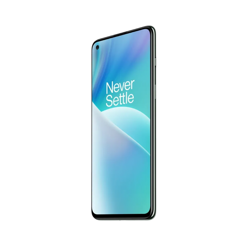 Réparation OnePlus Nord 2T iTelier Lyon – téléphone présenté de face en position verticale, écran allumé avec fond bleu et violet marqué Never Settle, idéal pour réparation écran, diagnostic offert et changement batterie rapide.