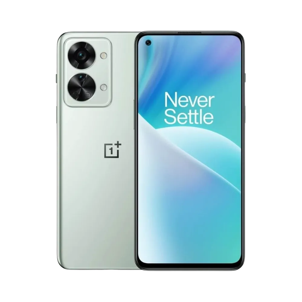Réparation OnePlus Nord 2T iTelier Lyon – smartphone affiché avec écran avant allumé en position verticale et dos vert clair visible à gauche avec double capteur photo circulaire, optimisé pour remplacement écran, batterie et diagnostic gratuit.