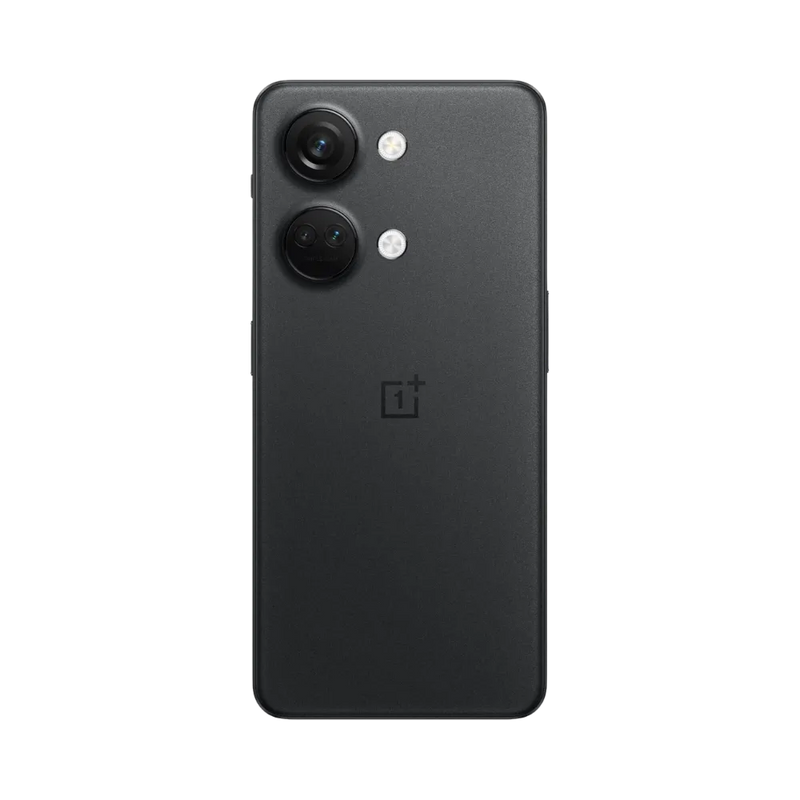 Réparation OnePlus Nord 3 iTelier Lyon – smartphone montré de dos en position verticale, coloris noir mat avec triple capteur photo vertical, optimisé pour réparation vitre arrière, caméra et batterie.