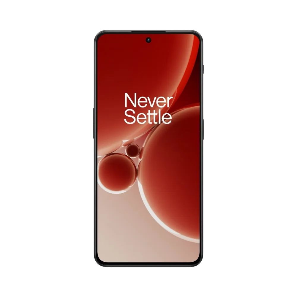Réparation OnePlus Nord 3 iTelier Lyon – téléphone présenté de face en position verticale, écran allumé avec fond rouge marqué Never Settle, idéal pour réparation écran, diagnostic offert et changement batterie rapide.