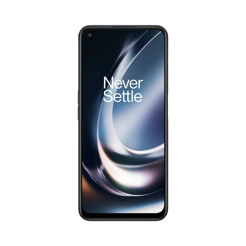 Réparation OnePlus Nord CE 2 Lite iTelier Lyon – téléphone présenté de face en position verticale, écran allumé avec fond sombre et reflet lumineux marqué Never Settle, idéal pour réparation écran, diagnostic offert et changement batterie rapide.