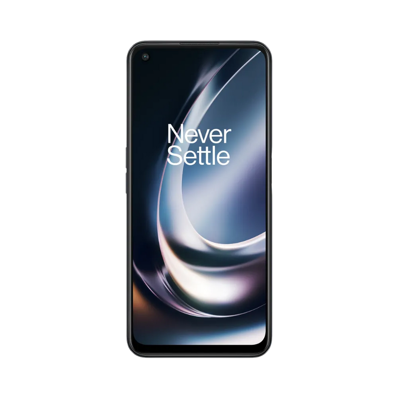 Réparation OnePlus Nord CE 2 Lite iTelier Lyon – téléphone présenté de face en position verticale, écran allumé avec fond sombre et reflet lumineux marqué Never Settle, idéal pour réparation écran, diagnostic offert et changement batterie rapide.