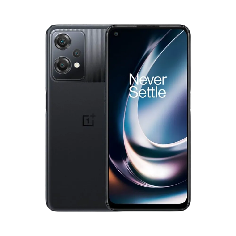 Réparation OnePlus Nord CE 2 Lite iTelier Lyon – smartphone affiché avec écran avant allumé en position verticale et dos noir mat visible à gauche avec triple capteur photo vertical, optimisé pour remplacement écran, batterie et diagnostic gratuit.