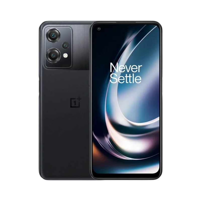 Réparation OnePlus Nord CE 2 Lite iTelier Lyon – smartphone affiché avec écran avant allumé en position verticale et dos noir mat visible à gauche avec triple capteur photo vertical, optimisé pour remplacement écran, batterie et diagnostic gratuit.