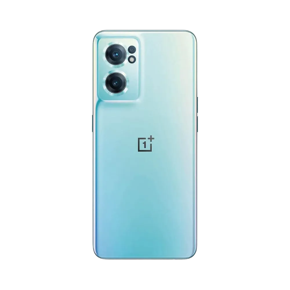 Réparation OnePlus Nord CE 2 iTelier Lyon – smartphone montré de dos en position verticale, coloris bleu dégradé avec triple capteur photo vertical et flash LED, optimisé pour réparation vitre arrière, caméra et batterie.