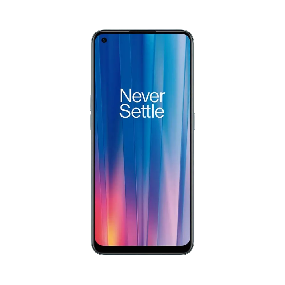 Réparation OnePlus Nord CE 2 iTelier Lyon – téléphone présenté de face en position verticale, écran allumé avec fond dégradé bleu violet et texte Never Settle, idéal pour réparation écran, diagnostic offert et changement batterie rapide.