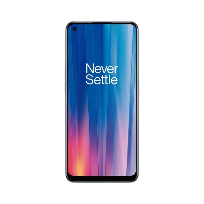 Réparation OnePlus Nord CE 2 iTelier Lyon – téléphone présenté de face en position verticale, écran allumé avec fond dégradé bleu violet et texte Never Settle, idéal pour réparation écran, diagnostic offert et changement batterie rapide.