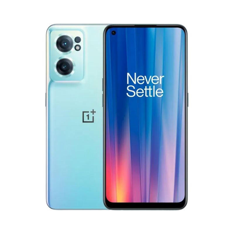 Réparation OnePlus Nord CE 2 iTelier Lyon – smartphone affiché avec écran avant allumé en position verticale et dos bleu dégradé visible à gauche avec triple capteur photo vertical, optimisé pour remplacement écran, batterie et diagnostic gratuit.