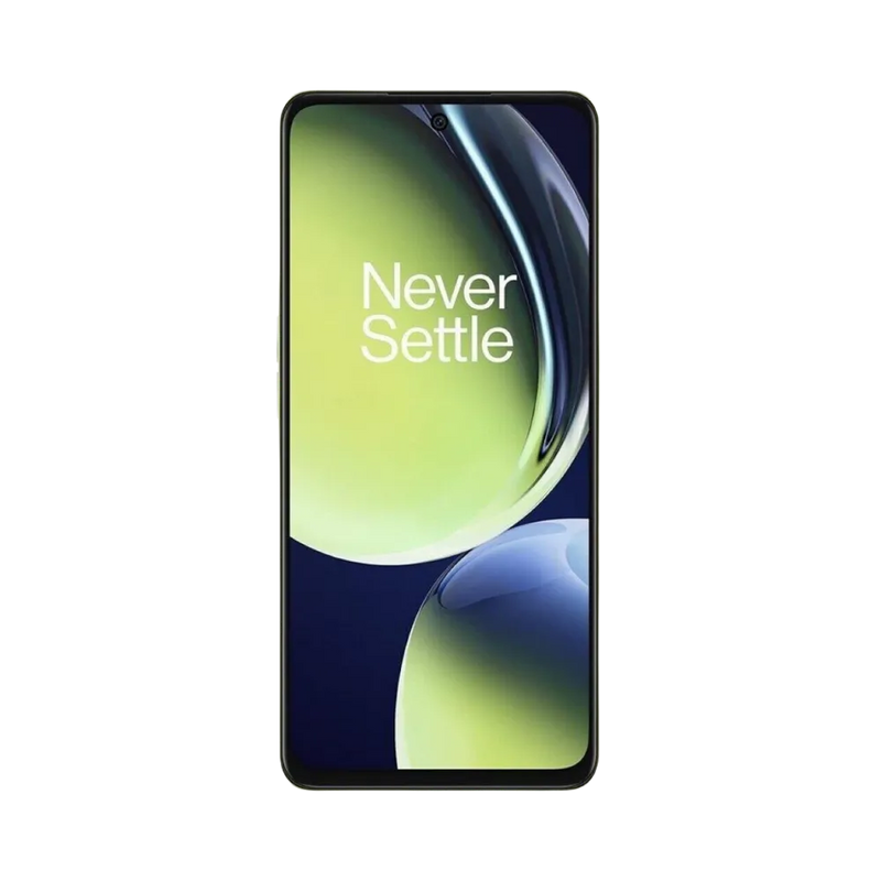 Réparation OnePlus Nord CE 3 Lite iTelier Lyon – téléphone présenté de face en position verticale, écran allumé avec fond vert marqué Never Settle, idéal pour réparation écran, diagnostic offert et changement batterie rapide.