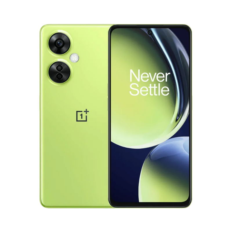 Réparation OnePlus Nord CE 3 Lite iTelier Lyon – smartphone affiché avec écran avant allumé en position verticale et dos vert citron visible à gauche avec triple capteur photo vertical, optimisé pour remplacement écran, batterie et diagnostic gratuit.