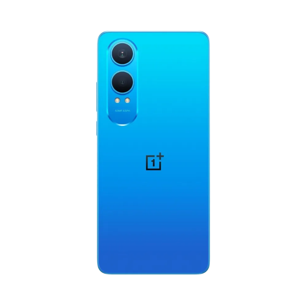 Réparation OnePlus Nord CE 4 Lite iTelier Lyon – smartphone montré de dos en position verticale, coloris bleu dégradé avec double capteur photo vertical, optimisé pour réparation vitre arrière, caméra et batterie.