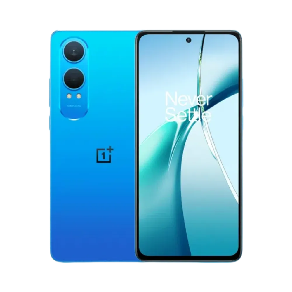 Réparation OnePlus Nord CE 4 Lite iTelier Lyon – smartphone affiché avec écran avant allumé en position verticale et dos bleu dégradé visible à gauche avec double capteur photo vertical, optimisé pour remplacement écran, batterie et diagnostic gratuit.