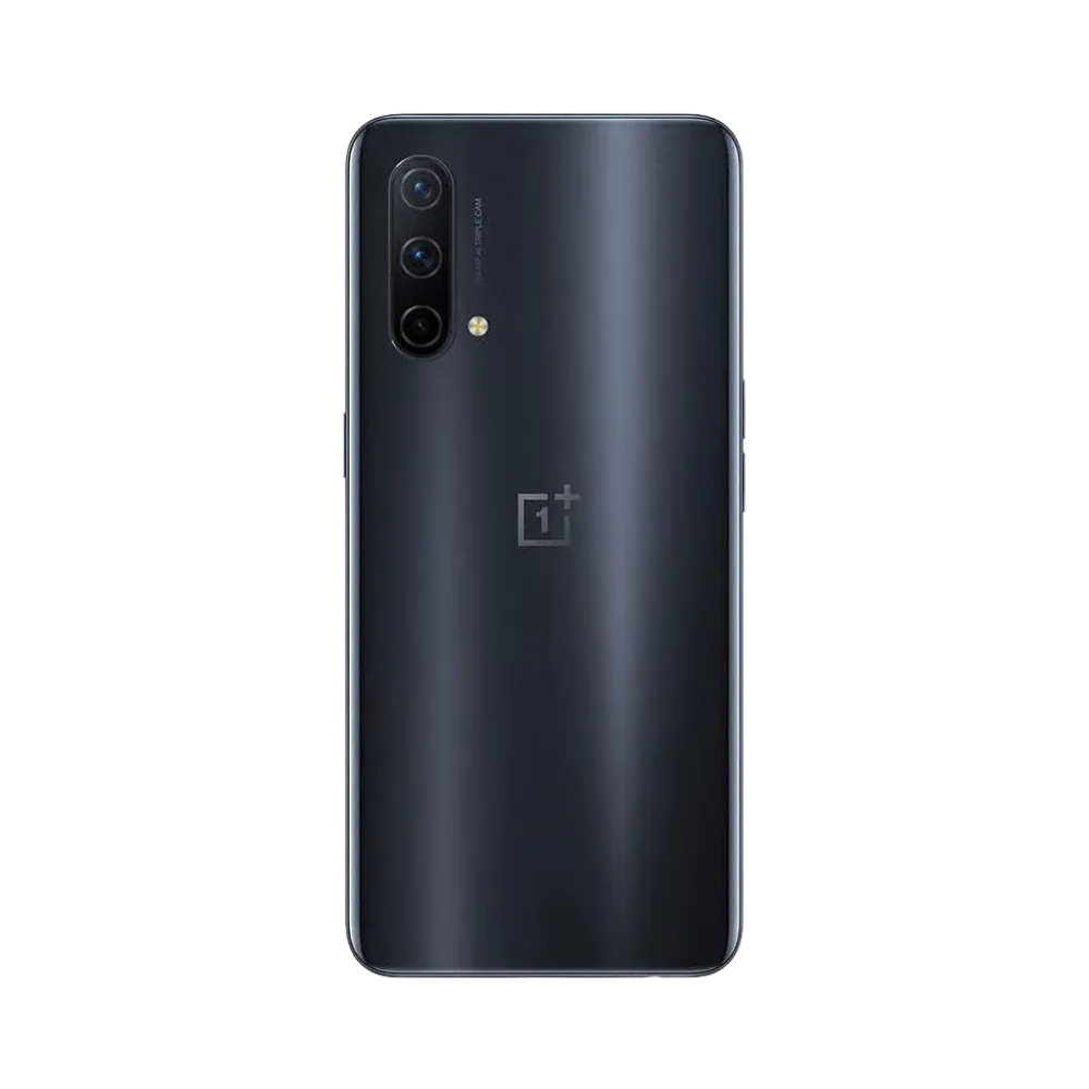 Réparation OnePlus Nord CE iTelier Lyon – smartphone montré de dos en position verticale, coloris noir avec triple capteur photo vertical et flash LED, optimisé pour réparation vitre arrière, caméra et batterie.