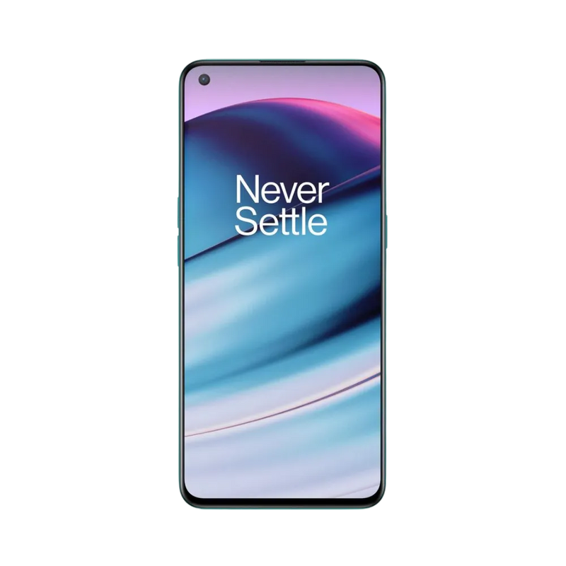 Réparation OnePlus Nord CE iTelier Lyon – téléphone présenté de face en position verticale, écran allumé avec fond violet et bleu marqué Never Settle, idéal pour réparation écran, diagnostic offert et changement batterie rapide.