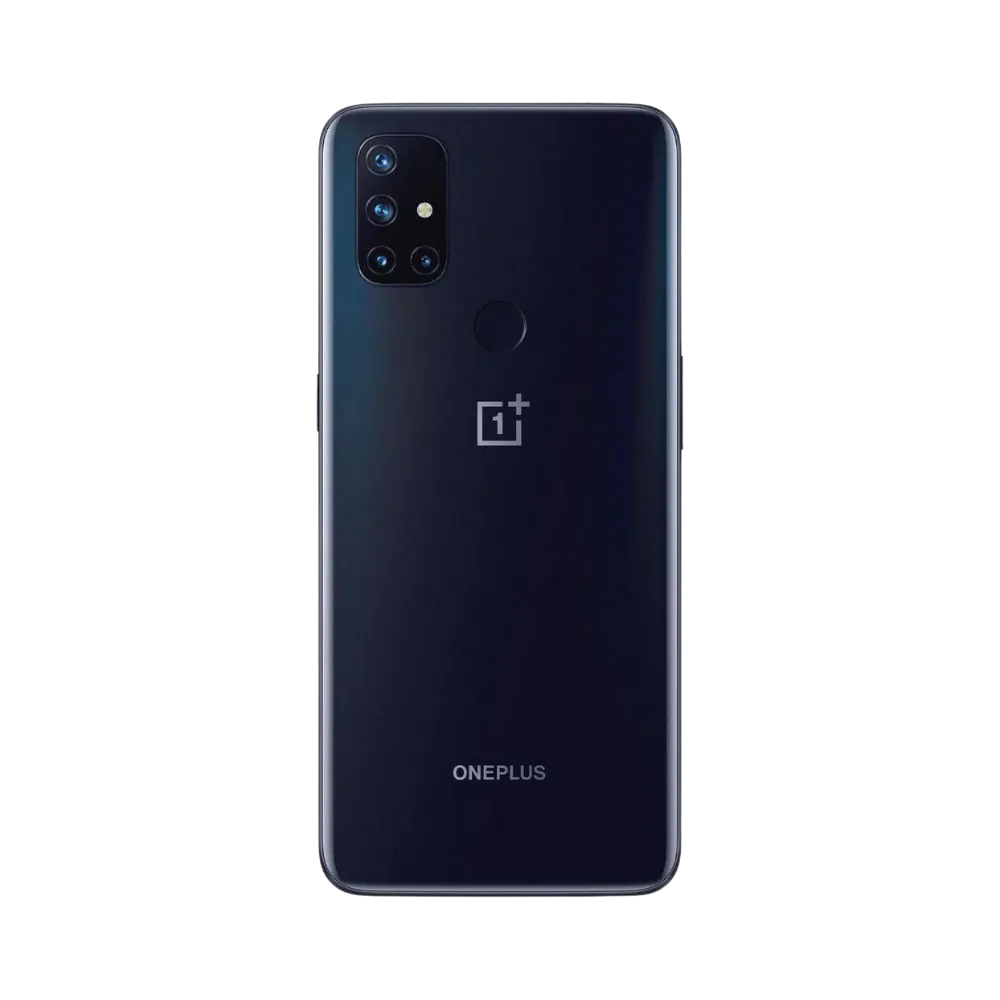 Réparation OnePlus Nord N10 5G iTelier Lyon – smartphone montré de dos en position verticale, coloris bleu foncé avec module photo rectangulaire et lecteur d’empreintes, optimisé pour réparation vitre arrière, caméra et batterie.