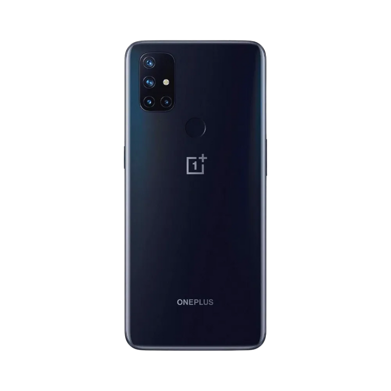 Réparation OnePlus Nord N10 5G iTelier Lyon – smartphone montré de dos en position verticale, coloris bleu foncé avec module photo rectangulaire et lecteur d’empreintes, optimisé pour réparation vitre arrière, caméra et batterie.