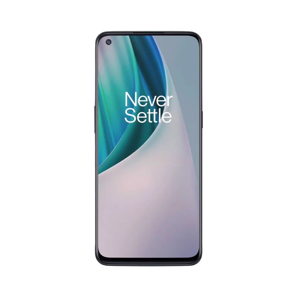 Réparation OnePlus Nord N10 5G iTelier Lyon – téléphone présenté de face en position verticale, écran allumé avec fond bleu clair marqué Never Settle, idéal pour réparation écran, diagnostic offert et changement batterie rapide.