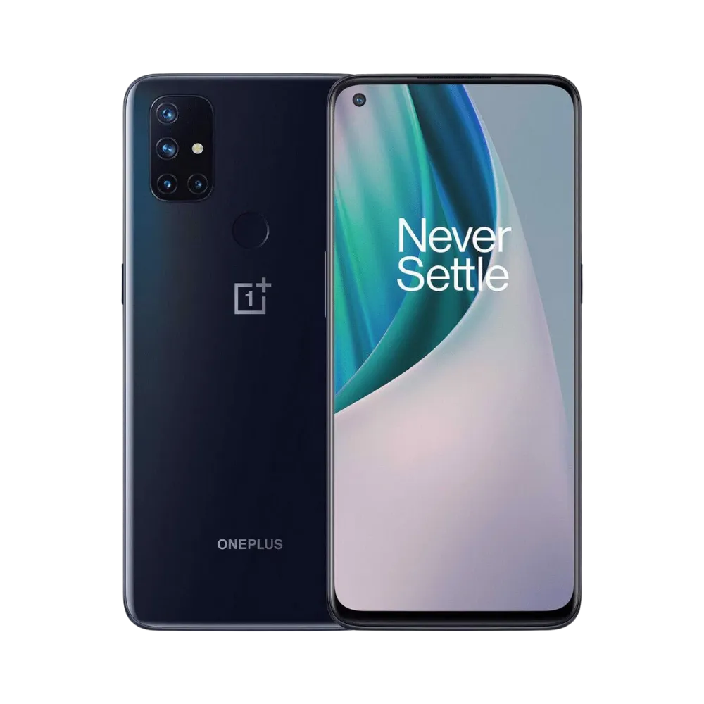 Réparation OnePlus Nord N10 5G iTelier Lyon – smartphone affiché avec écran avant allumé en position verticale et dos bleu foncé visible à gauche avec quadruple capteur photo rectangulaire, optimisé pour remplacement écran, batterie et diagnostic gratuit.