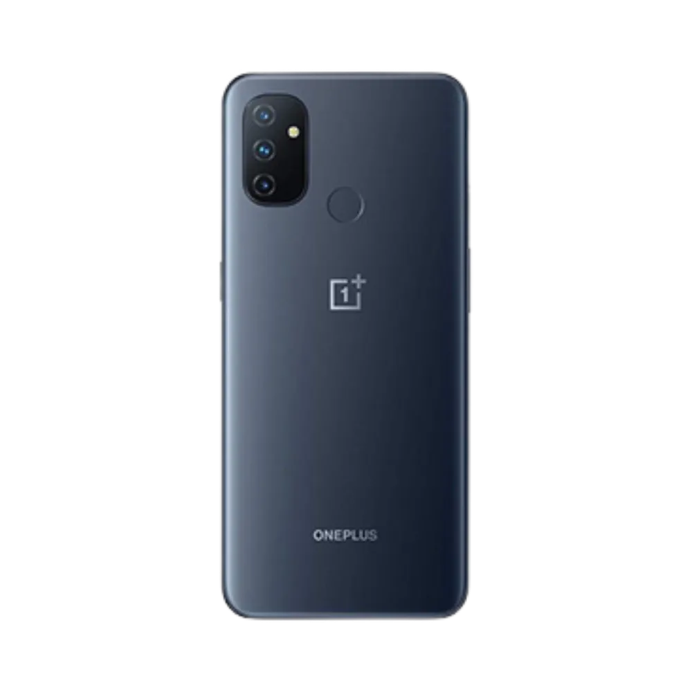 Réparation OnePlus Nord N100 iTelier Lyon – smartphone montré de dos en position verticale, coloris bleu foncé avec triple capteur photo vertical et lecteur d’empreintes, optimisé pour réparation vitre arrière, caméra et batterie.