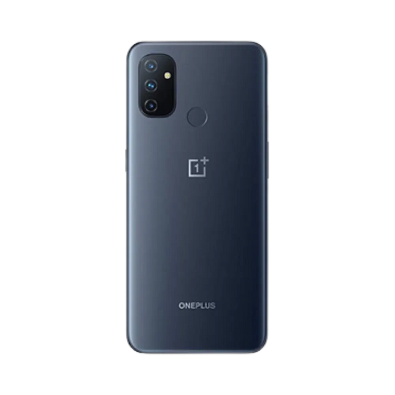 Réparation OnePlus Nord N100 iTelier Lyon – smartphone montré de dos en position verticale, coloris bleu foncé avec triple capteur photo vertical et lecteur d’empreintes, optimisé pour réparation vitre arrière, caméra et batterie.
