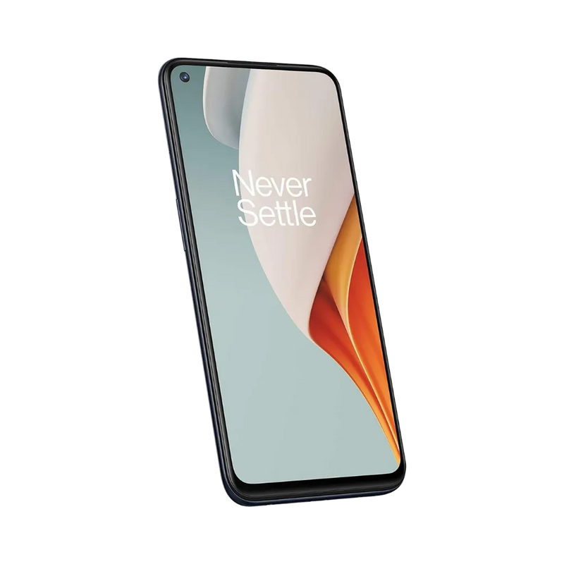 Réparation OnePlus Nord N100 iTelier Lyon – téléphone présenté de face en légère inclinaison, écran allumé avec fond clair marqué Never Settle, idéal pour réparation écran, diagnostic offert et changement batterie rapide.
