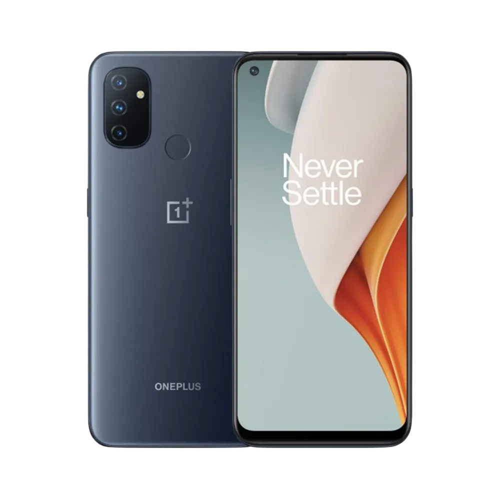 Réparation OnePlus Nord N100 iTelier Lyon – smartphone affiché avec écran avant allumé en position verticale et dos bleu foncé visible à gauche avec triple capteur photo vertical, optimisé pour remplacement écran, batterie et diagnostic gratuit.