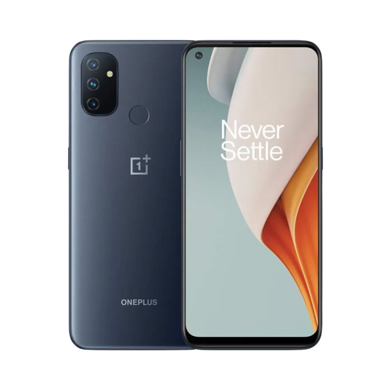 Réparation OnePlus Nord N100 iTelier Lyon – smartphone affiché avec écran avant allumé en position verticale et dos bleu foncé visible à gauche avec triple capteur photo vertical, optimisé pour remplacement écran, batterie et diagnostic gratuit.