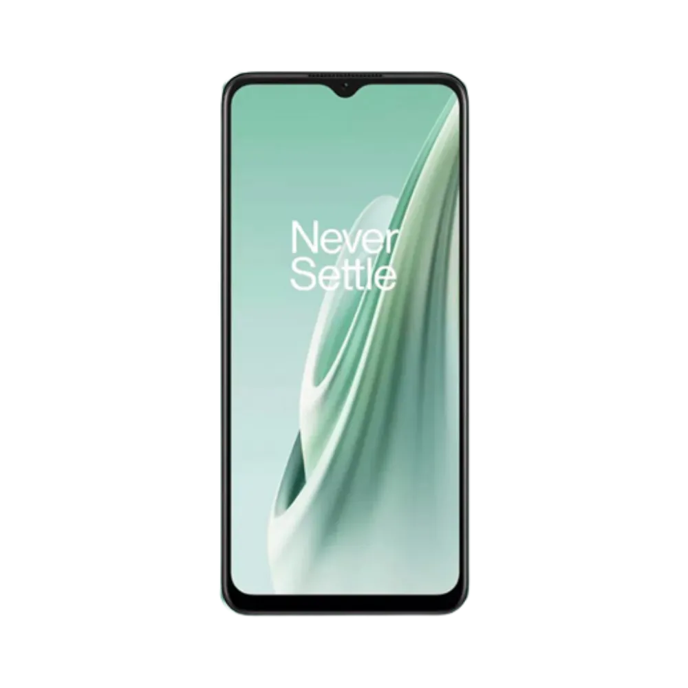 Réparation OnePlus Nord N20 SE iTelier Lyon – téléphone présenté de face en position verticale, écran allumé avec fond vert clair marqué Never Settle, idéal pour réparation écran, diagnostic offert et changement batterie rapide.